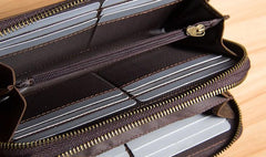 Genuine Cool Leather Mens Clutch Vintage Wallet Double Zipper Clutch Wristlet Bag Wallet for Men