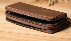 Genuine Cool Leather Mens Clutch Vintage Wallet Double Zipper Clutch Wristlet Bag Wallet for Men