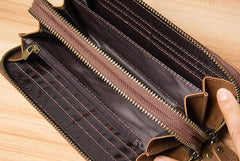 Genuine Cool Leather Mens Clutch Vintage Wallet Double Zipper Clutch Wristlet Bag Wallet for Men