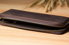Genuine Cool Leather Mens Clutch Vintage Wallet Double Zipper Clutch Wristlet Bag Wallet for Men