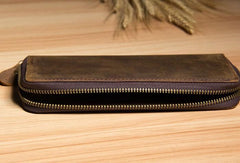 Genuine Cool Leather Mens Clutch Vintage Wallet Double Zipper Clutch Wristlet Bag Wallet for Men