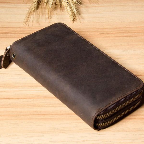 Genuine Cool Leather Mens Clutch Vintage Wallet Double Zipper Clutch Wristlet Bag Wallet for Men - imessengerbags