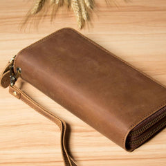 Genuine Cool Leather Mens Clutch Vintage Wallet Double Zipper Clutch Wristlet Bag Wallet for Men