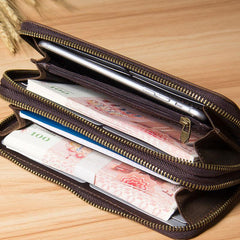 Genuine Cool Leather Mens Clutch Vintage Wallet Double Zipper Clutch Wristlet Bag Wallet for Men