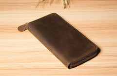 Genuine Cool Leather Mens Clutch Vintage Wallet Double Zipper Clutch Wristlet Bag Wallet for Men