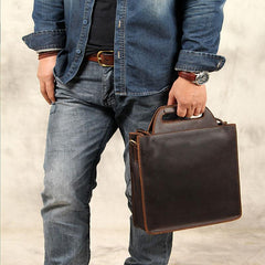 Mens Brown Coffee Handbag Genuine Leather Cool Vintage Shoulder Bag for Men