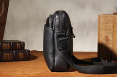 Genuine Leather Mens Black Cool Small Shoulder Bag Messenger Bag Crossbody Bag for Men