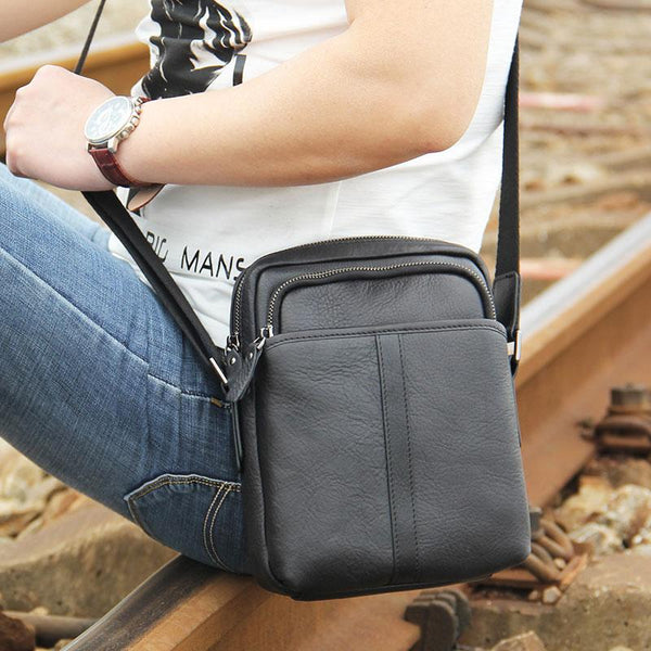 Genuine Leather Mens Black Cool Small Shoulder Bag Messenger Bag Crossbody Bag for Men - imessengerbags