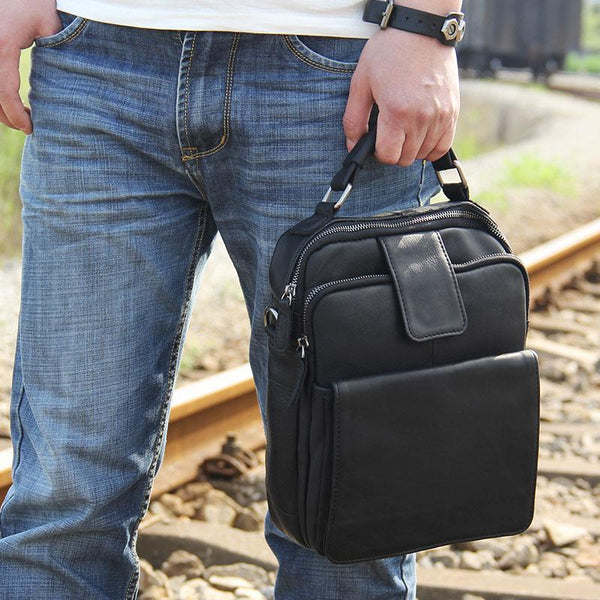 Genuine Leather Mens Black Cool Small Shoulder Bag Messenger Bag Crossbody Bag for Men - imessengerbags