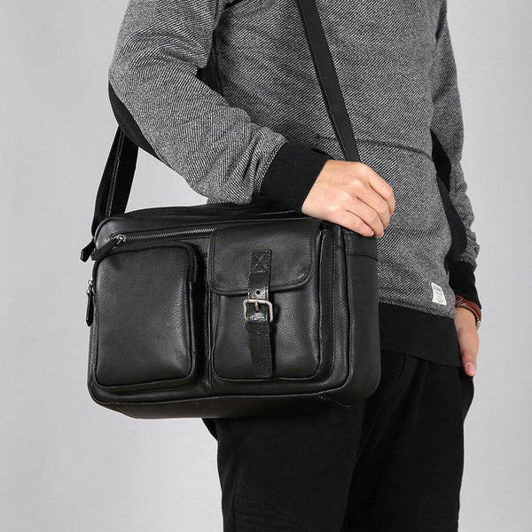 Genuine Leather Mens Cool Black Small Shoulder Bag Messenger Bag Bike Bag Cycling Bag for men - imessengerbags