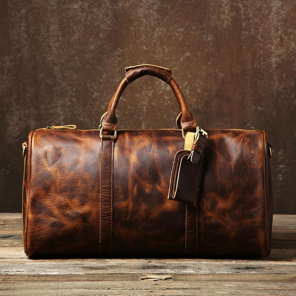 Genuine Leather Mens Large Brown Travel Bag Cool Duffle Bag Shoulder Bag Weekender Bag for Men