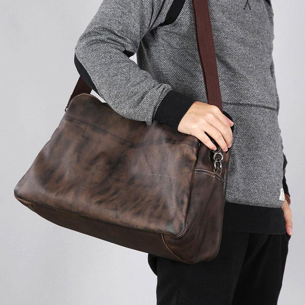 Genuine Leather Mens Travel Bag Coffee Cool Messenger Bag Shoulder Bag Handbag Weekender Bag for Men