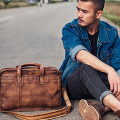 Genuine Leather Vintage Brown Mens Cool Large Briefcase Shoulder Bag Travel Bag for men - imessengerbags