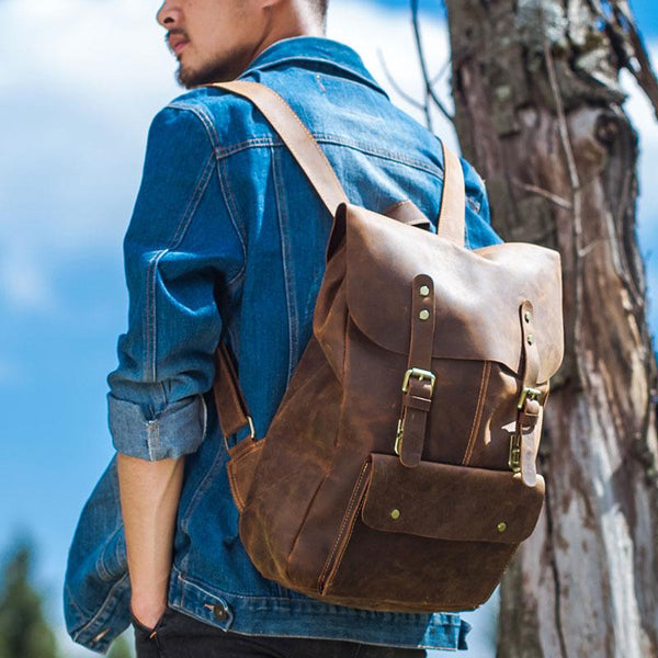 Genuine Leather Vintage Brown Mens Cool Leather Backpack Travel Bag for men - imessengerbags