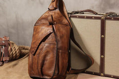 Genuine Leather Vintage Brown Mens Cool Sling Bag Crossbody Bag Chest Bag Travel Bag for men