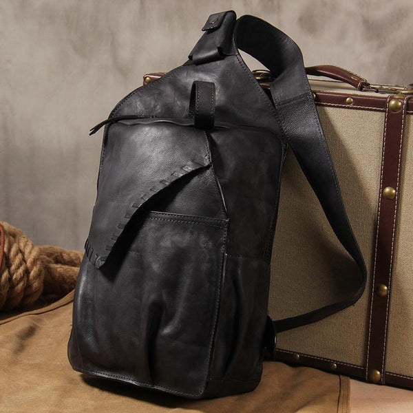 Genuine Leather Vintage Gray Mens Cool Sling Bag Crossbody Bag Chest Bag Travel Bag for men