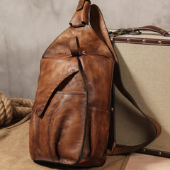 Genuine Leather Vintage Coffee Mens Cool Sling Bag Crossbody Bag Chest Bag Travel Bag for men - imessengerbags