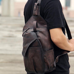 Genuine Leather Vintage Brown Mens Cool Sling Bag Crossbody Bag Chest Bag Travel Bag for men