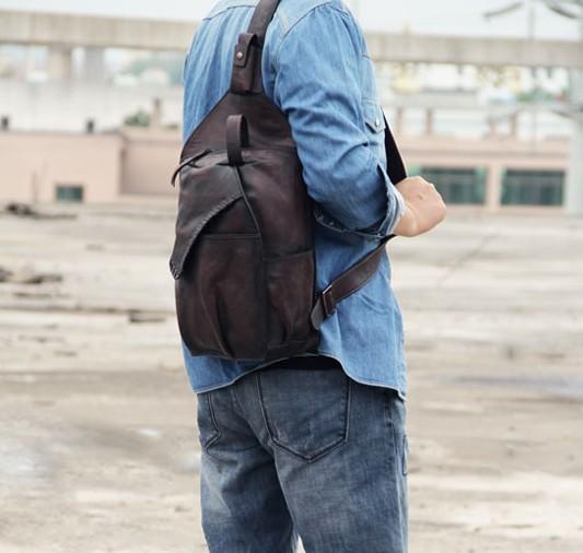Vintage PU Leather CrossBody Sling Bag,Men Chest Shoulder Pack Casual  Backpack with USB Charging Port & Headphone Hole