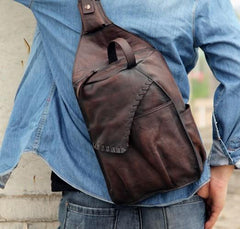 Genuine Leather Vintage Brown Mens Cool Sling Bag Crossbody Bag Chest Bag Travel Bag for men