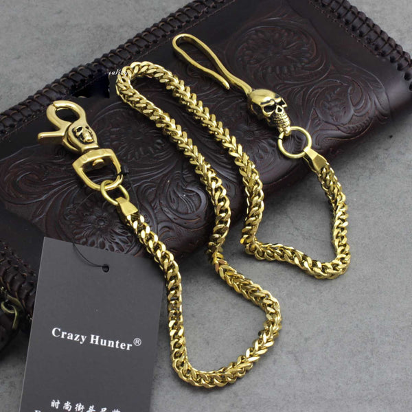 Badass Mens Gold Brass Skull Wallet Chain Long Pants Chain Biker Wallet Chain For Men - imessengerbags