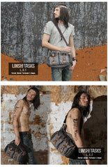 Gray Canvas Leather Mens Cool Side Bag Gray Messenger Bags Casual Courier Bags for Men - imessengerbags