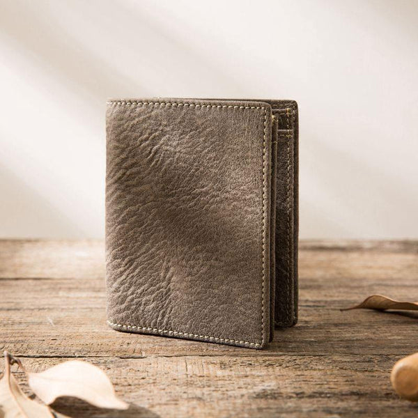 Gray Cool Leather Mens Small Wallet Bifold Vintage Slim billfold Wallet for Men - imessengerbags