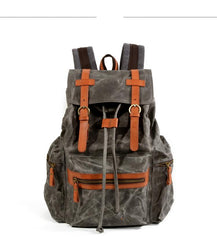Gray Waxed Canvas Mens Waterproof Large 14‘’ Hiking Backpack Travel Backpack Computer Backpack College Backpack for Men - imessengerbags