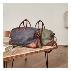 Vintage Mens Green Leather Canvas Large Weekender Bag Canvas Travel Shoulder Bag Large Duffle Bags for Men