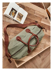 Vintage Mens Green Leather Canvas Large Weekender Bag Canvas Travel Shoulder Bag Large Duffle Bags for Men