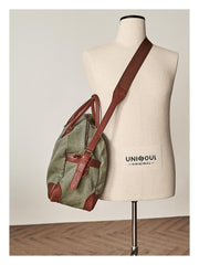 Vintage Mens Green Leather Canvas Large Weekender Bag Canvas Travel Shoulder Bag Large Duffle Bags for Men - imessengerbags