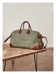 Vintage Mens Green Leather Canvas Large Weekender Bag Canvas Travel Shoulder Bag Large Duffle Bags for Men