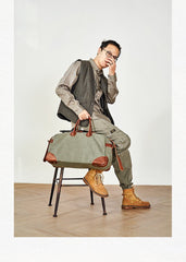 Vintage Mens Green Leather Canvas Large Weekender Bag Canvas Travel Shoulder Bag Large Duffle Bags for Men