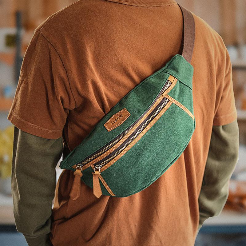 Green Canvas Leather Mens Chest Bag Waist Bag Fanny Pack Bum Pack