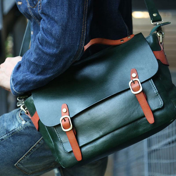Green Leather Mens Briefcase Messenger Bag Handbag Shoulder Bag for men