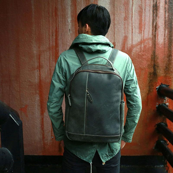 Green Mens Leather Backpack Travel Backpacks Laptop Backpack for men - imessengerbags