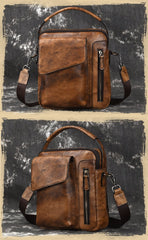 Vintage Brown Leather Men's Small Side Bag Vertical Business Handbag Black Courier Bag For Men - imessengerbags