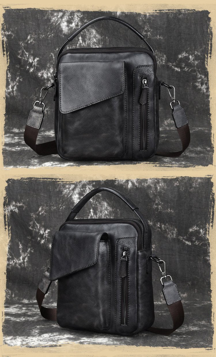 Vintage Brown Leather Men's Small Side Bag Vertical Business Handbag Black Courier Bag For Men