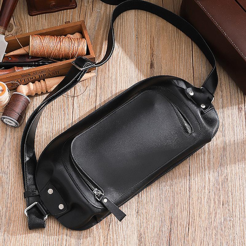 Handmade Black LEATHER MEN Sling Bag Waist BAG LEATHER Fanny Pack FOR MEN