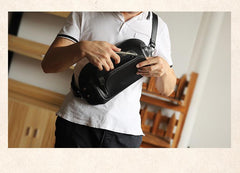 Handmade Black LEATHER MEN Sling Bag Waist BAG LEATHER Fanny Pack FOR MEN