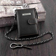 Black Leather Men's Small Biker Wallet Chain Wallet billfold Bifold Wallet with Chain Coin Purse For Men - imessengerbags