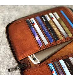 Handmade Black Leather Mens Bifold Long Wallet Brown Zipper Long Wallets Card Holders Clutch Men