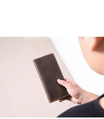 Handmade Coffee Leather Mens Bifold Long Wallet Personalized Coffee Checkbook Wallets for Men