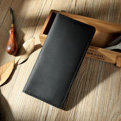 Handmade Black Leather Mens Bifold Long Wallet Personalized Black Checkbook Wallets for Men