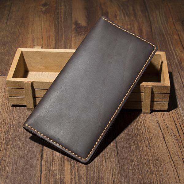 Handmade Coffee Leather Mens Bifold Long Wallet Personalized Coffee Checkbook Wallets for Men