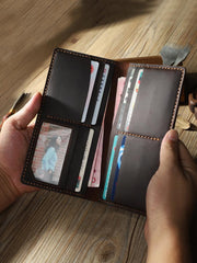 Handmade Coffee Leather Mens Bifold Long Wallet Personalized Coffee Checkbook Wallets for Men