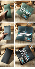 Handmade Blue Leather Mens Bifold Long Wallet Personalized Blue Checkbook Wallets for Men