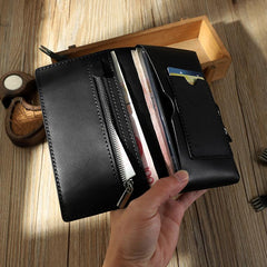 Handmade Blue Leather Mens Bifold Long Wallets Personalized Blue Checkbook Leather Wallets for Men