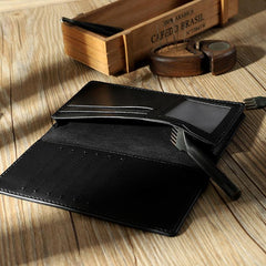 Handmade Black Leather Mens Bifold Long Wallets Personalized Black Checkbook Wallet for Men