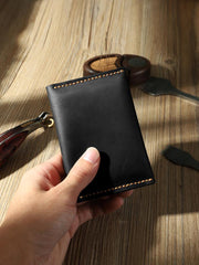 Handmade Black Leather Mens Small Card Holders Wallet Personalized Bifold Card Wallets for Men